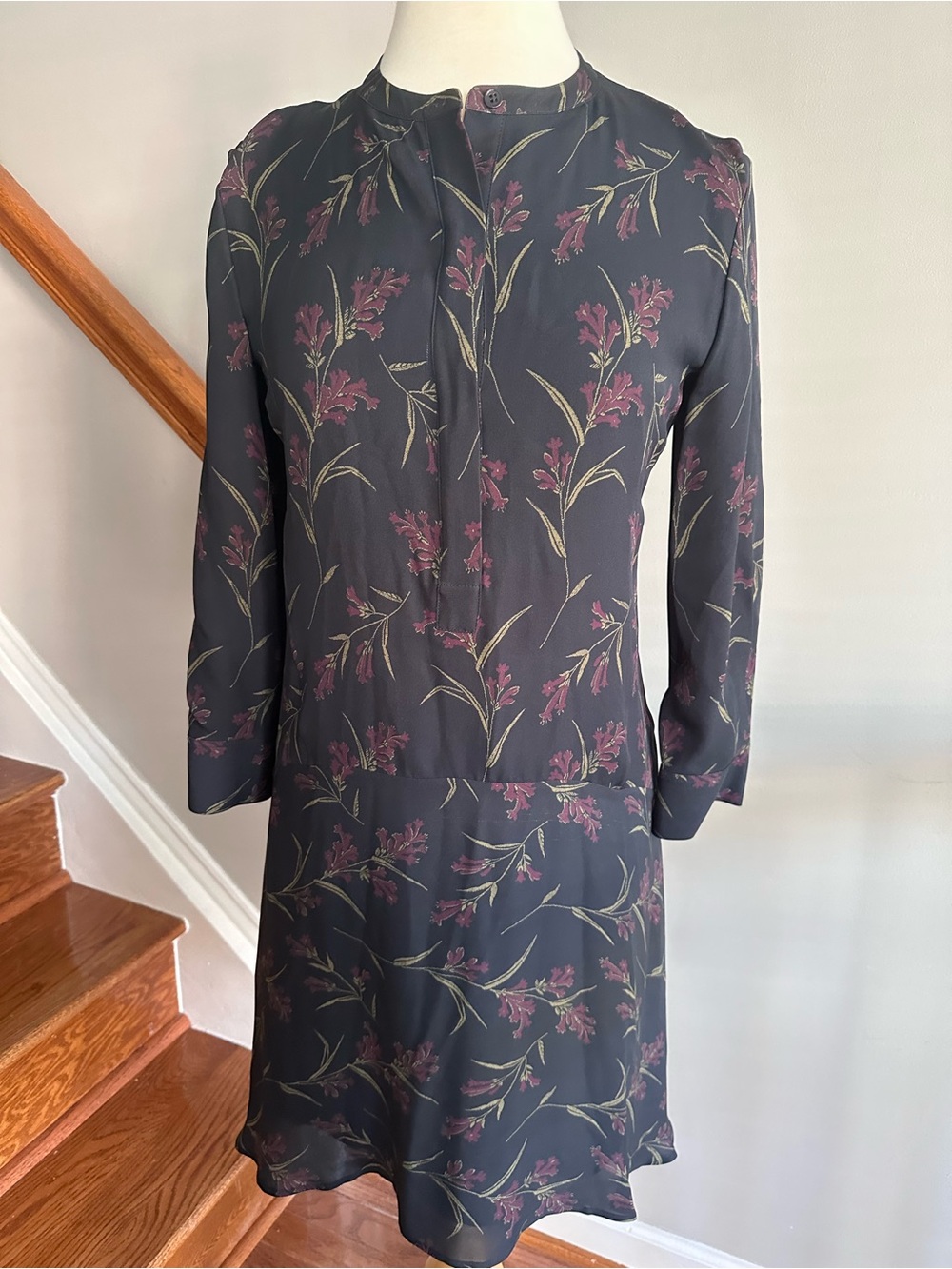 Women's Black Floral Shift Dress - Burgundy & Green Accents